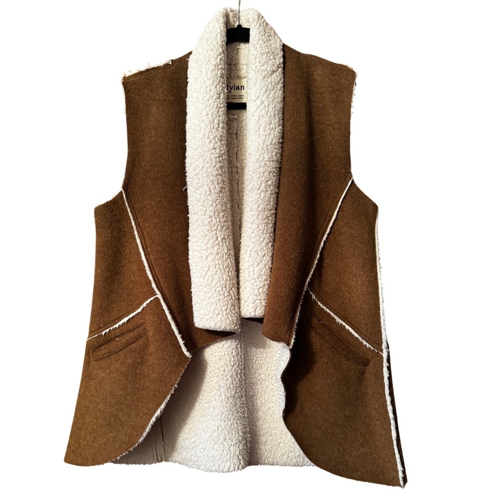 Dylan by True Grit Faux Suede Shearling Vest Brown Sherpa Lined Open Front L